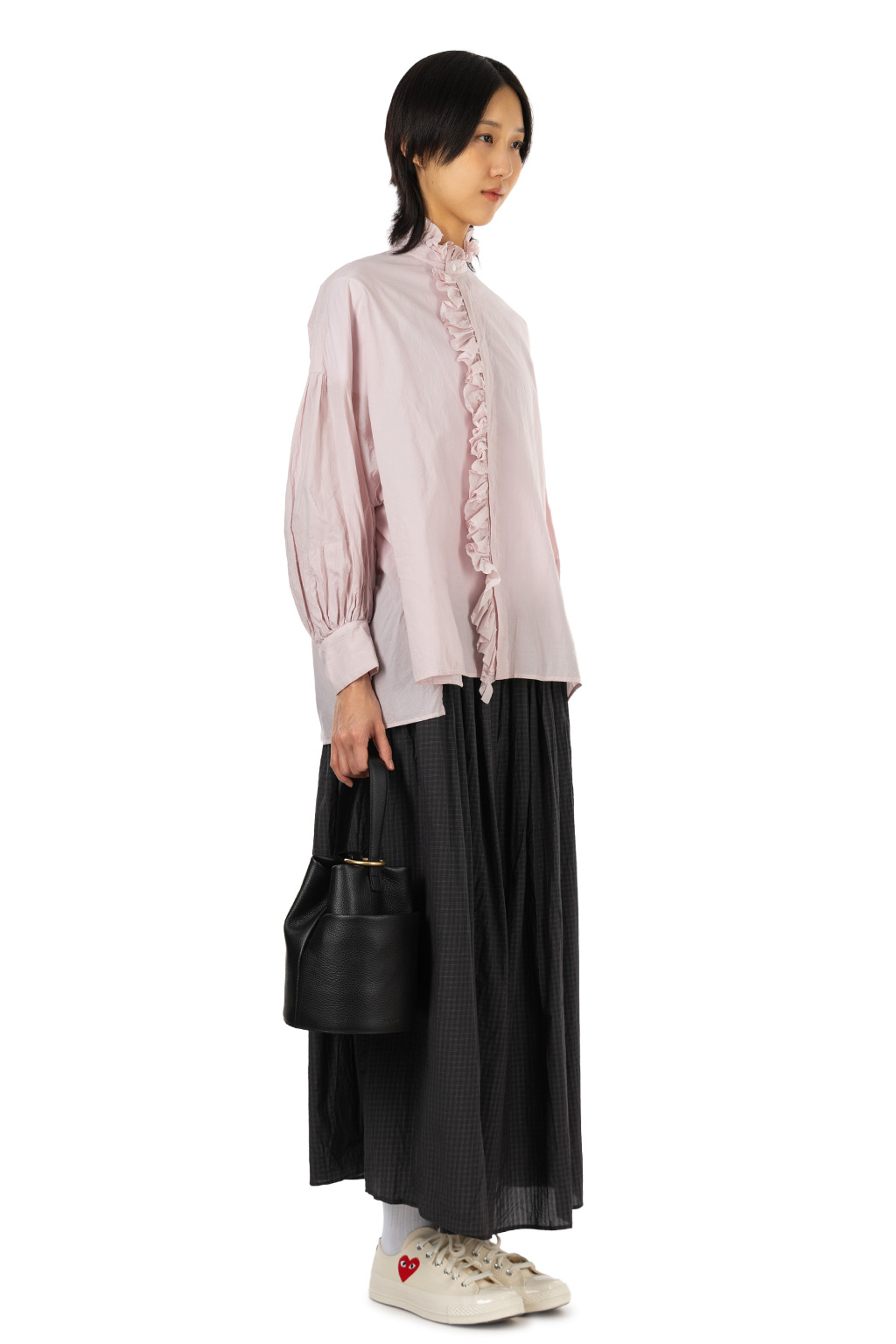TOUJOURS - Band Collar Bishop Sleeve Ruffl Shirt - Fine Cotton - Smoke Pink