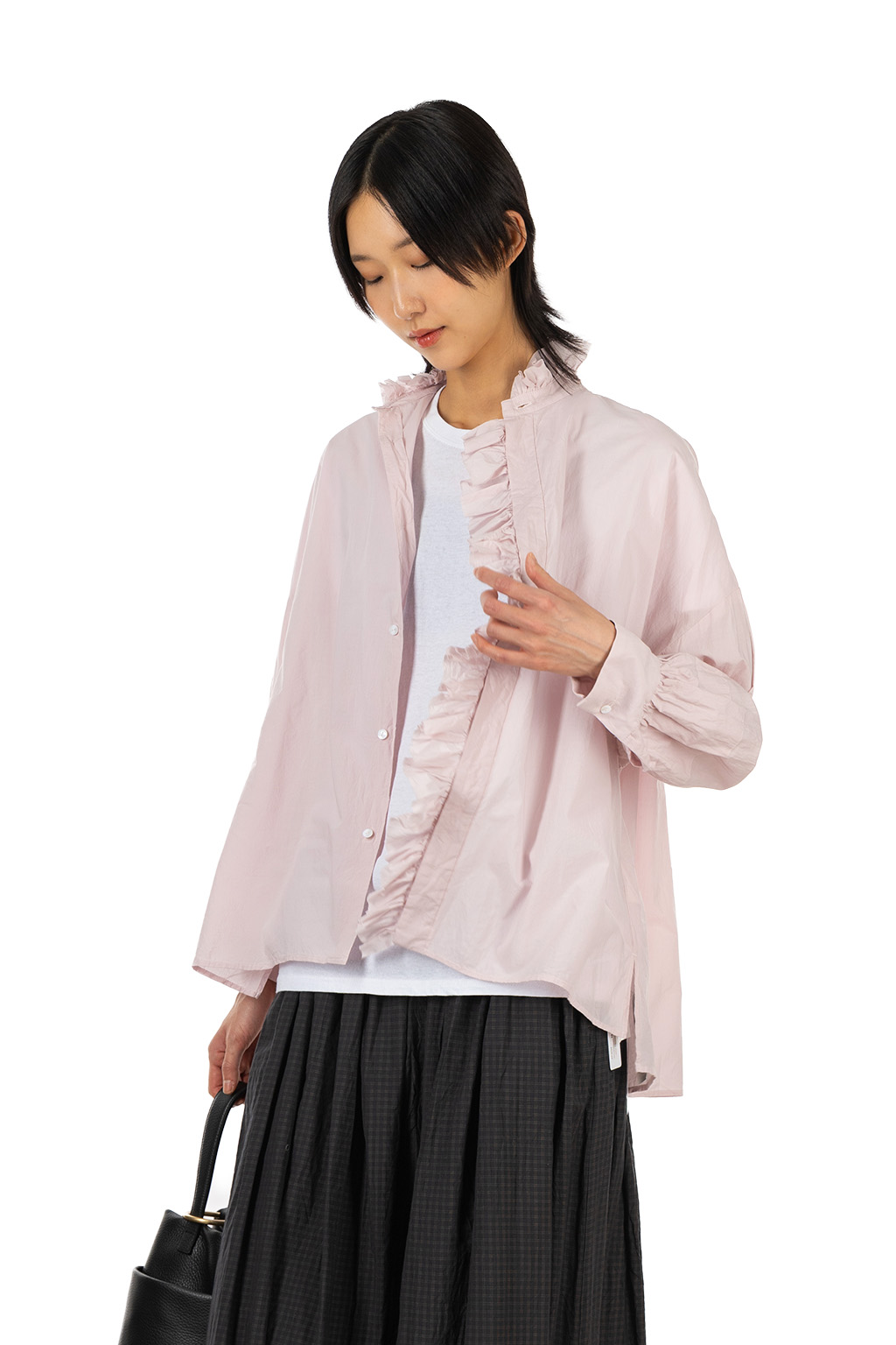 TOUJOURS - Band Collar Bishop Sleeve Ruffl Shirt - Fine Cotton - Smoke Pink