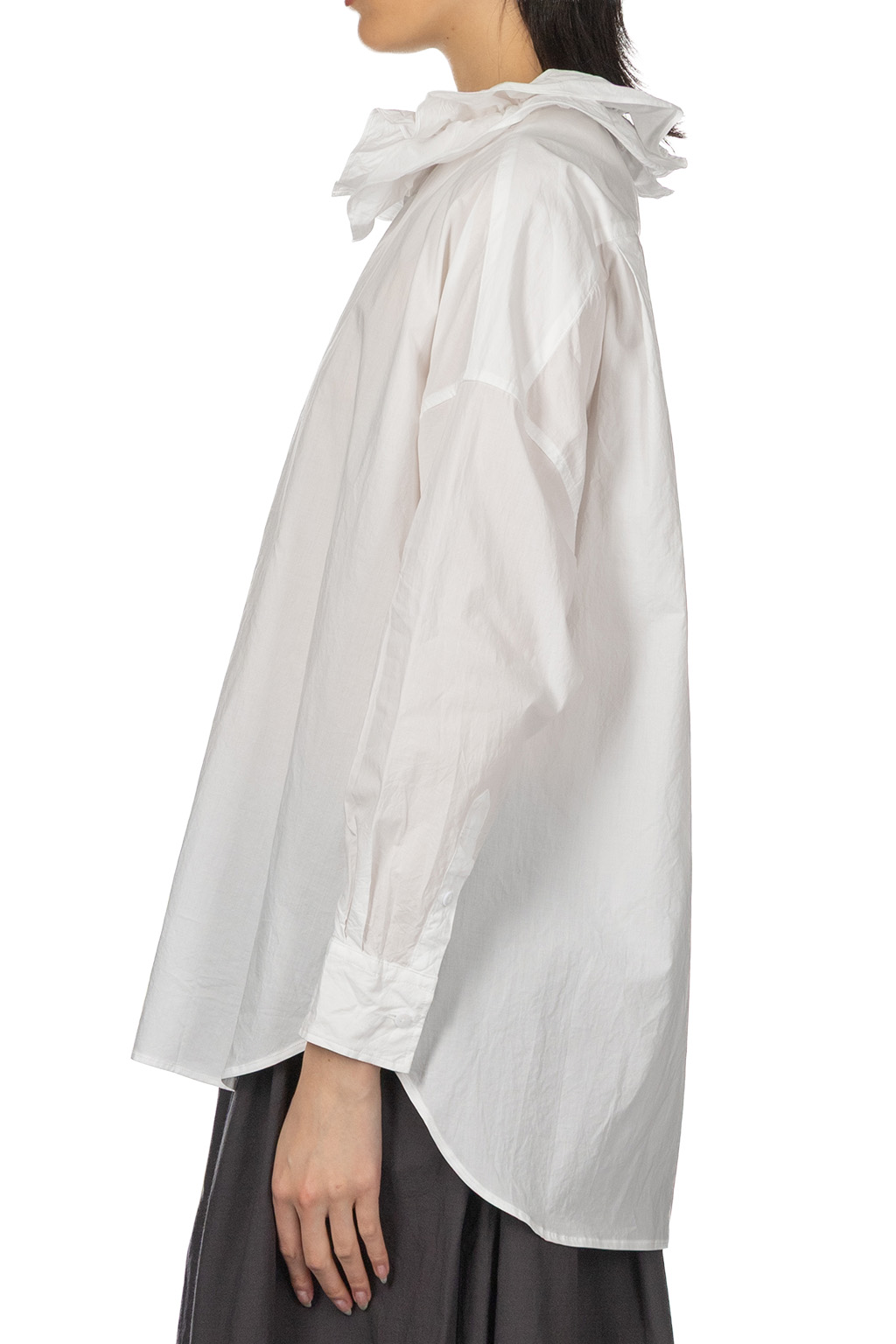 TOUJOURS - Fine Yarn Cotton Ruffle Collar Baggy Shirt - White
