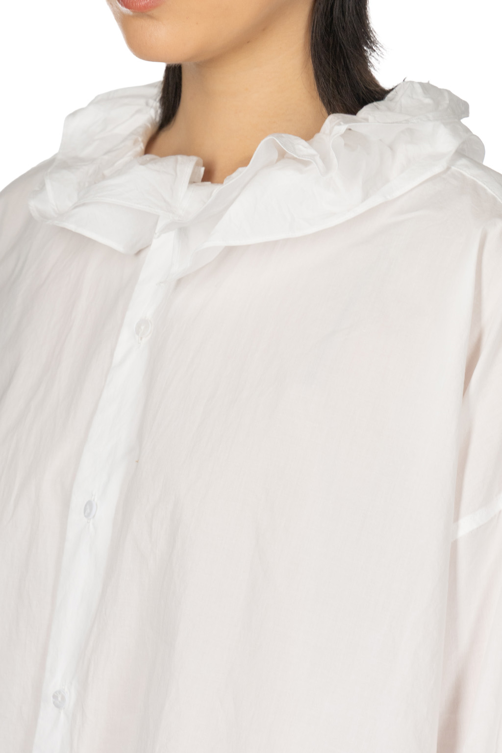 TOUJOURS - Fine Yarn Cotton Ruffle Collar Baggy Shirt - White