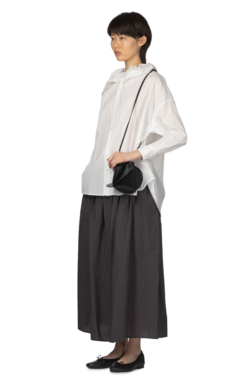 TOUJOURS - Fine Yarn Cotton Ruffle Collar Baggy Shirt - White