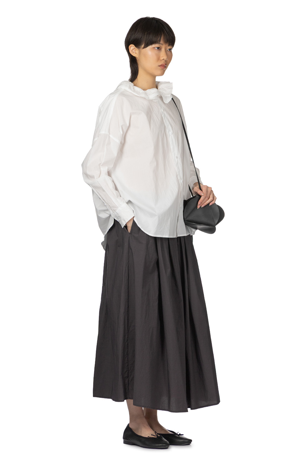 TOUJOURS - Fine Yarn Cotton Ruffle Collar Baggy Shirt - White