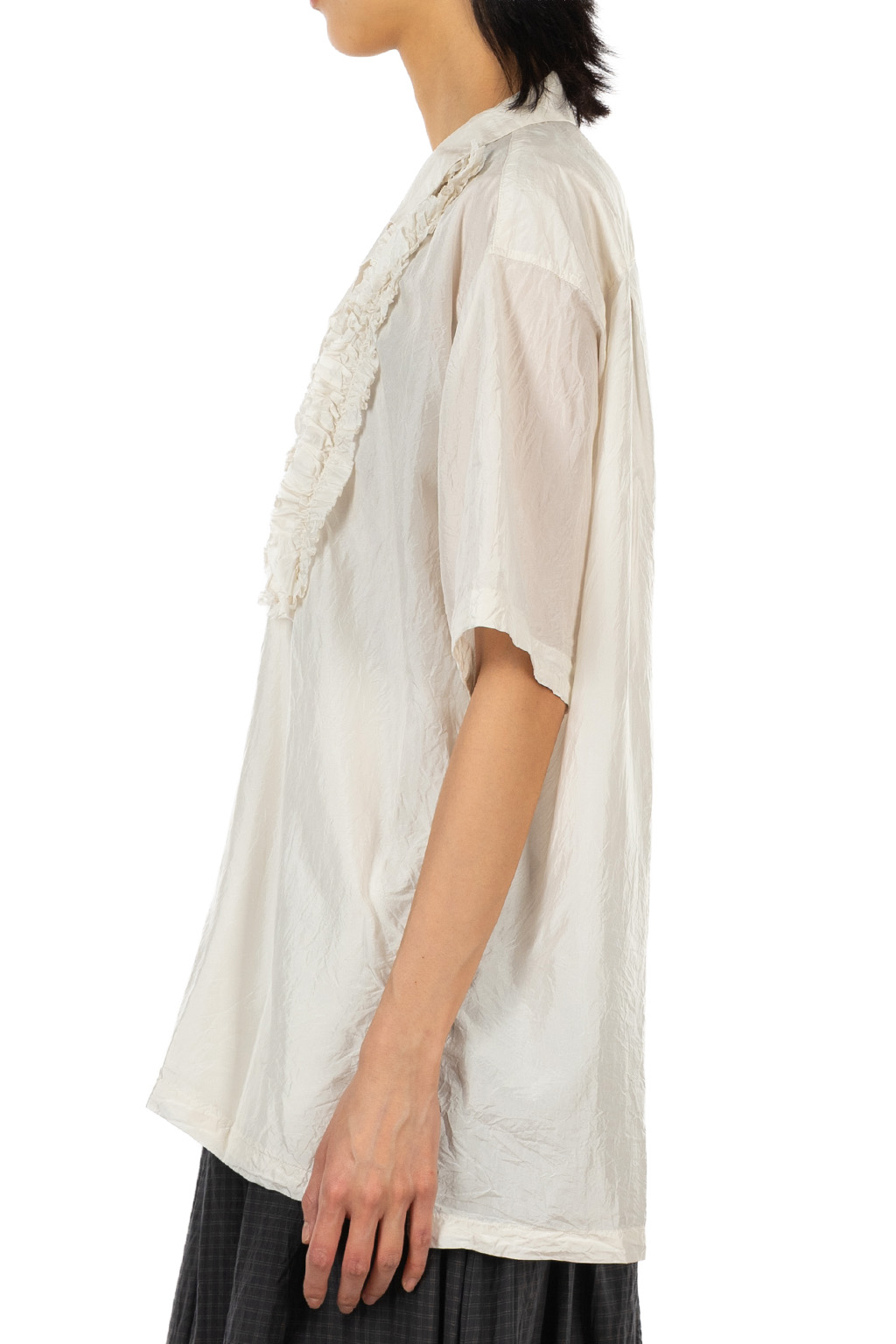 TOUJOURS - Open Collar Short Sleeve Frill Shirt - Pure Silk Tafta - Ivory