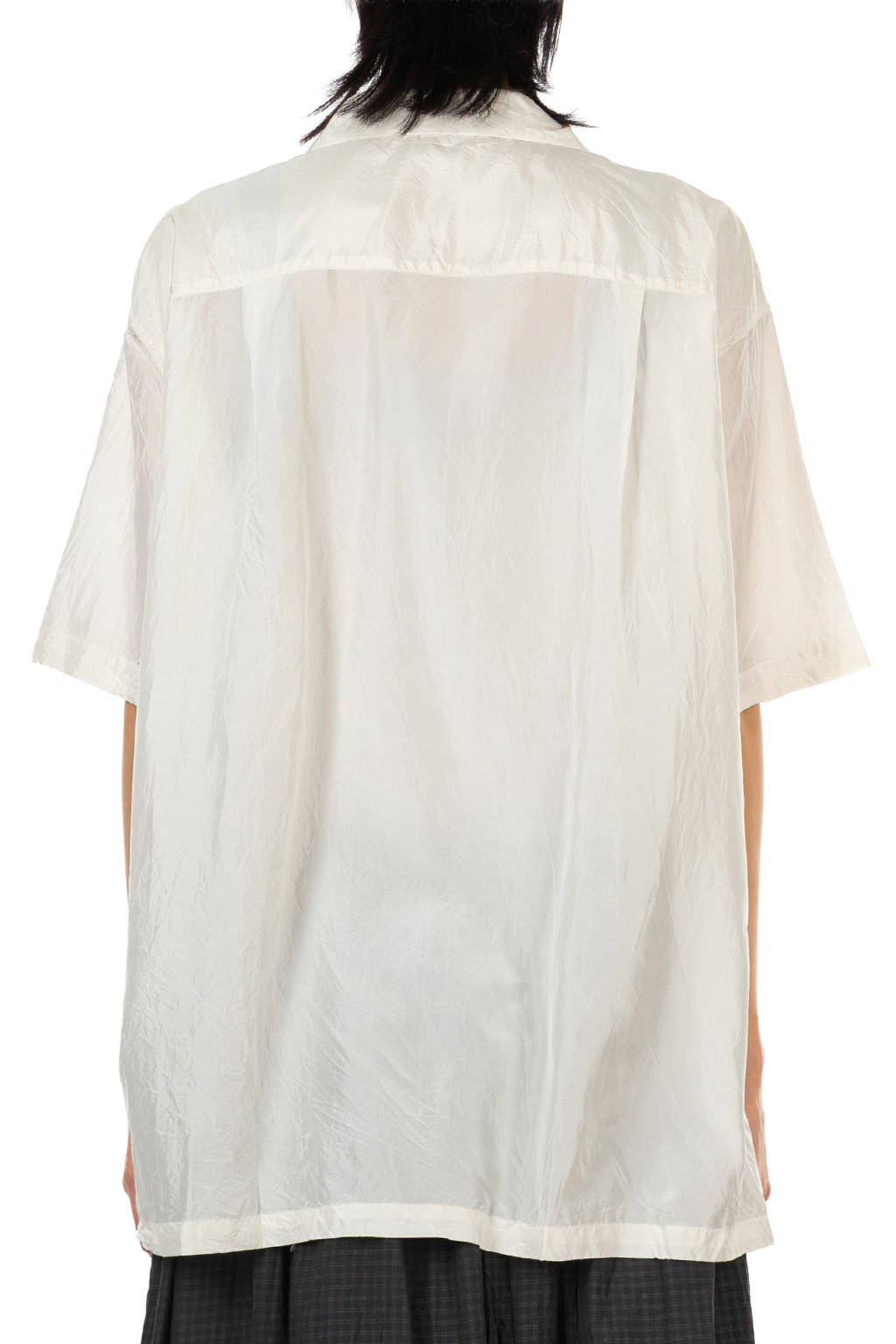 TOUJOURS - Open Collar Short Sleeve Frill Shirt - Pure Silk Tafta - Ivory