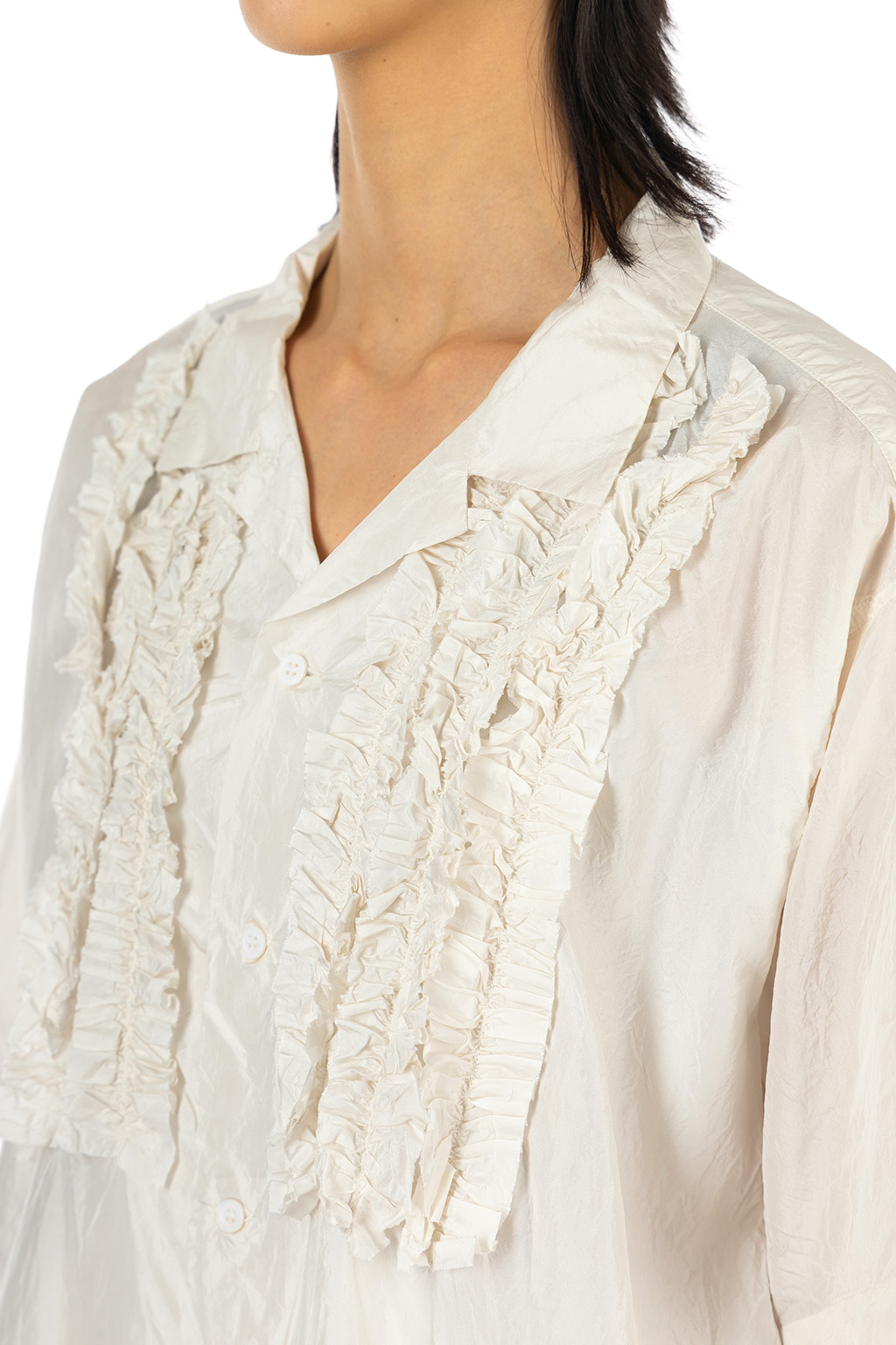 TOUJOURS - Open Collar Short Sleeve Frill Shirt - Pure Silk Tafta - Ivory