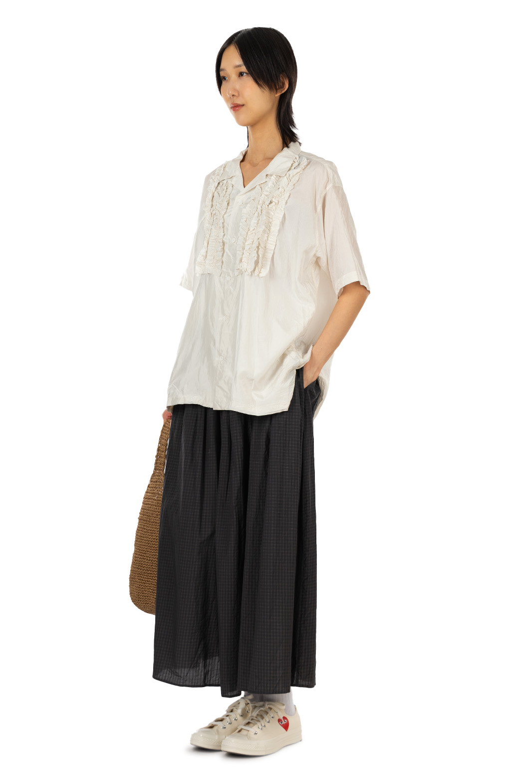TOUJOURS - Open Collar Short Sleeve Frill Shirt - Pure Silk Tafta - Ivory