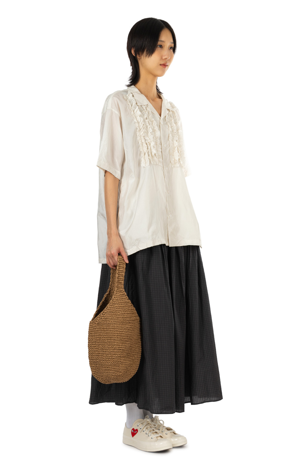 TOUJOURS - Open Collar Short Sleeve Frill Shirt - Pure Silk Tafta - Ivory