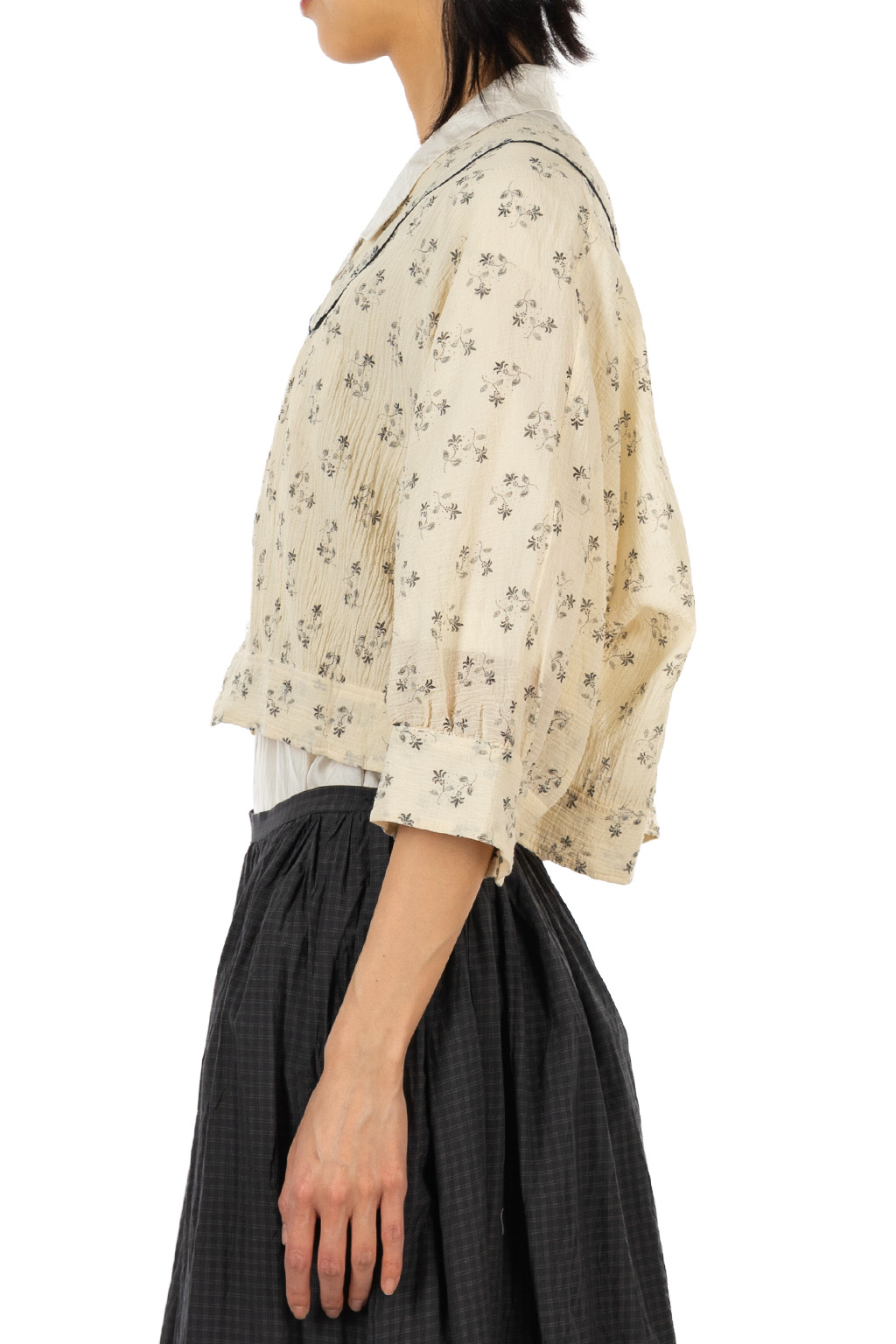 TOUJOURS - Piping Bolero Blouse - Fine Cotton Floral Print - Natural