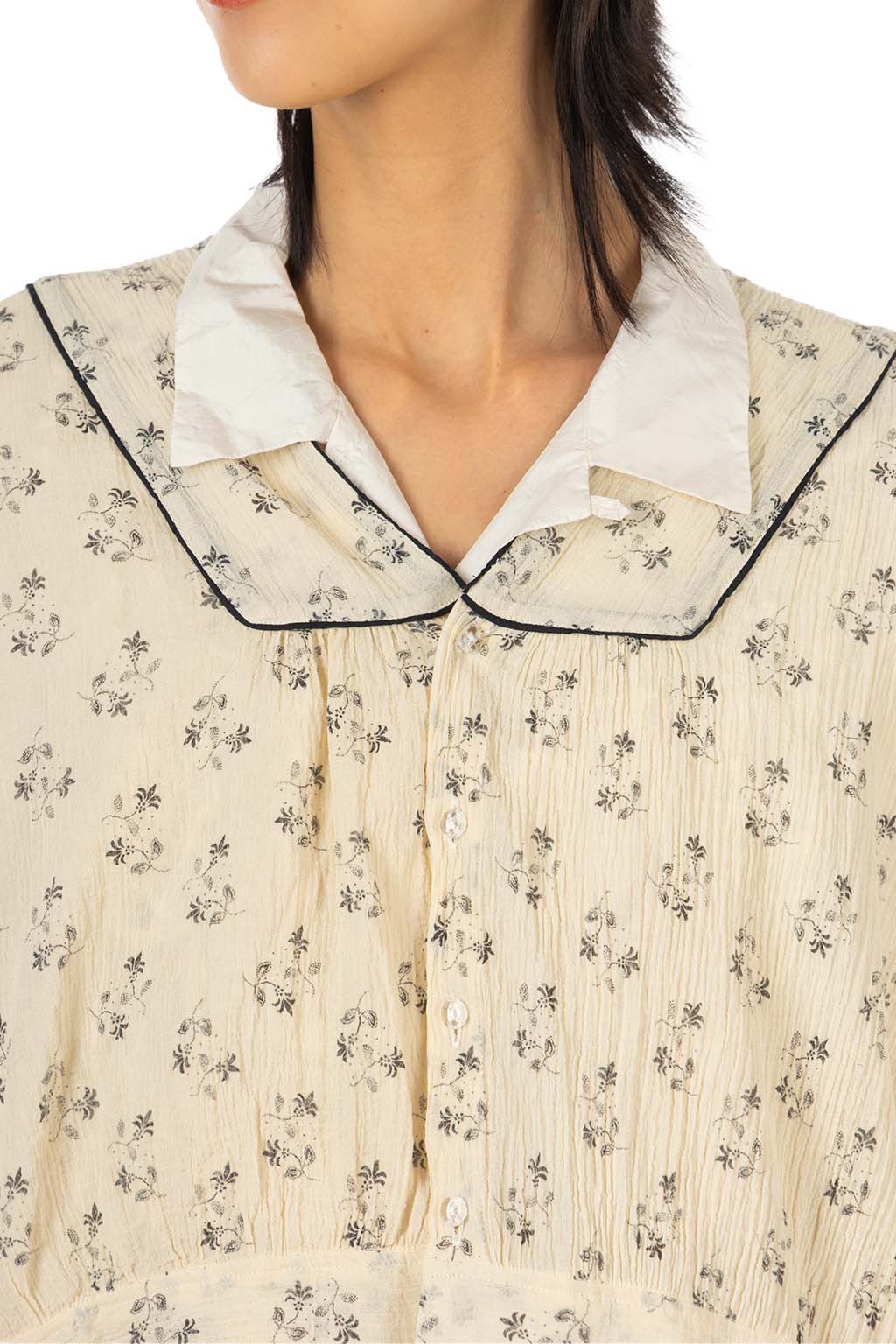 TOUJOURS - Piping Bolero Blouse - Fine Cotton Floral Print - Natural
