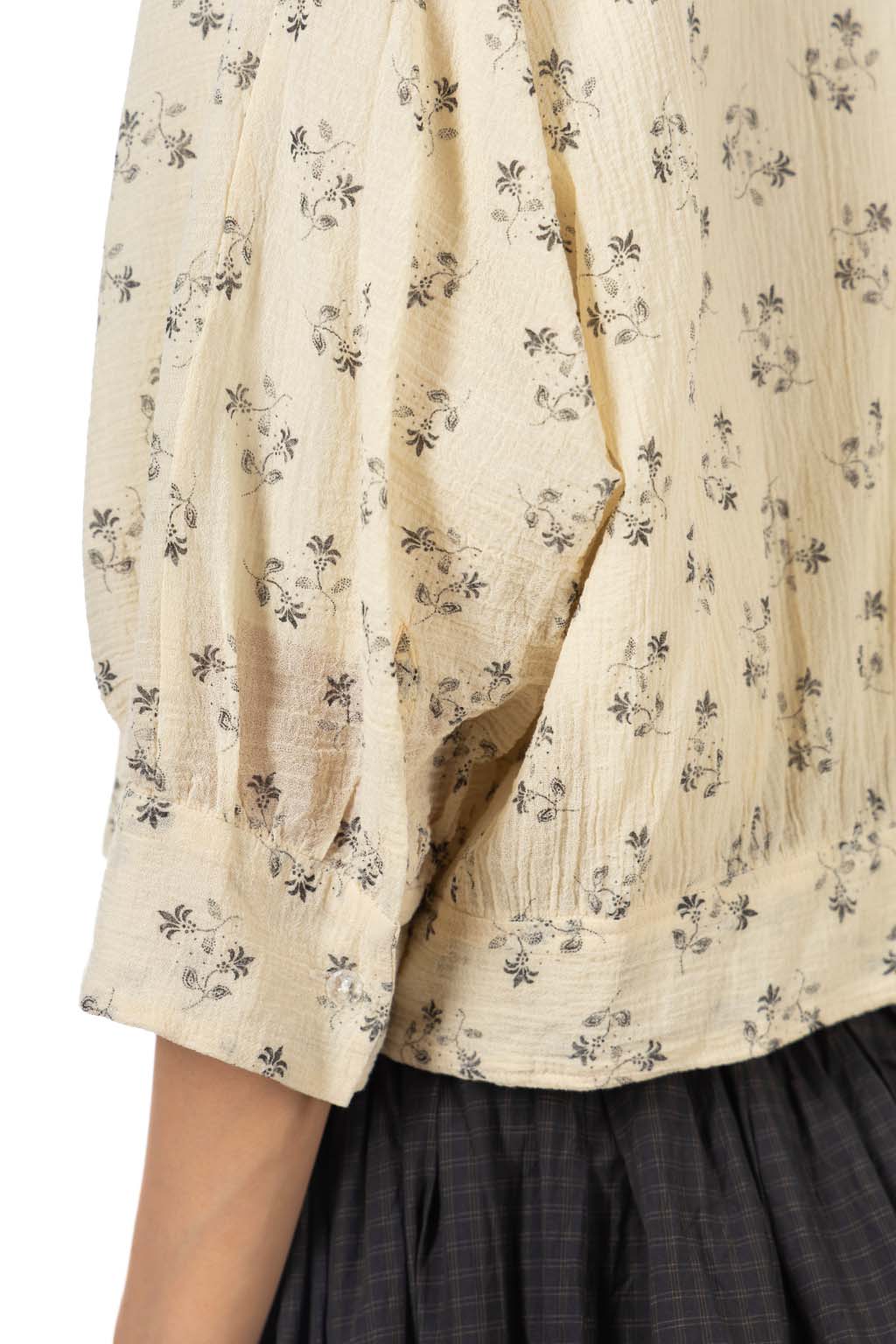 TOUJOURS - Piping Bolero Blouse - Fine Cotton Floral Print - Natural