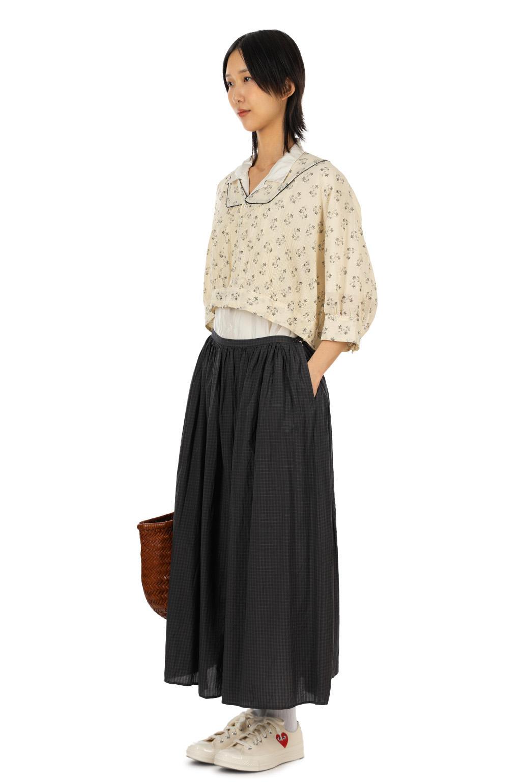 TOUJOURS - Piping Bolero Blouse - Fine Cotton Floral Print - Natural