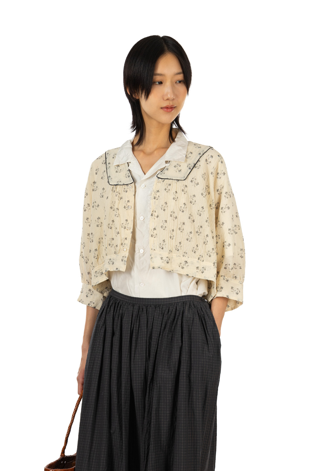 TOUJOURS - Piping Bolero Blouse - Fine Cotton Floral Print - Natural