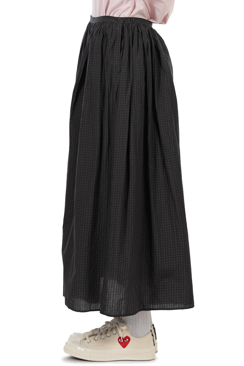 TOUJOURS - Random Pleated Maxi Skirt - Cotton Silk Plaid - Ink x Khaki