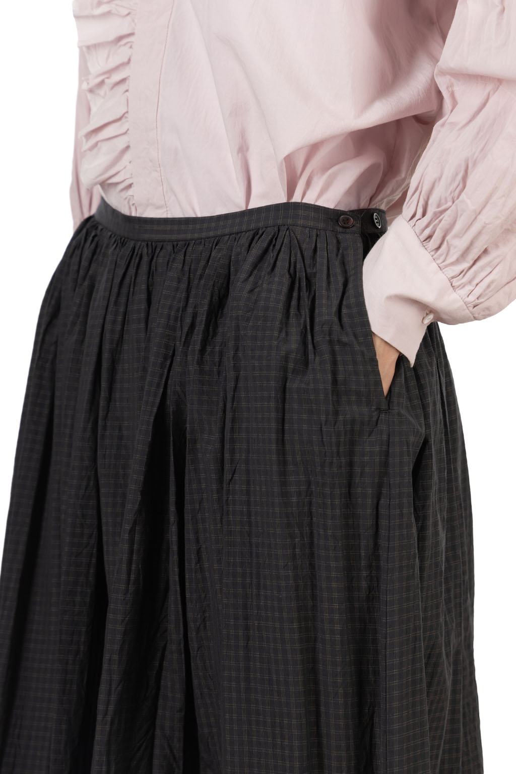 TOUJOURS - Random Pleated Maxi Skirt - Cotton Silk Plaid - Ink x Khaki