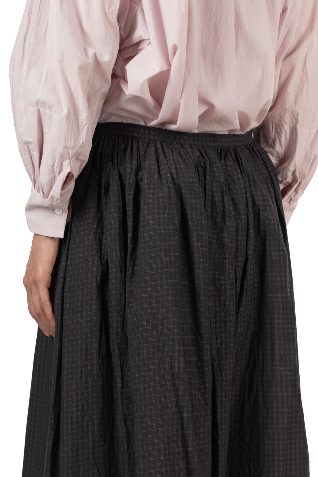 TOUJOURS - Random Pleated Maxi Skirt - Cotton Silk Plaid - Ink x Khaki