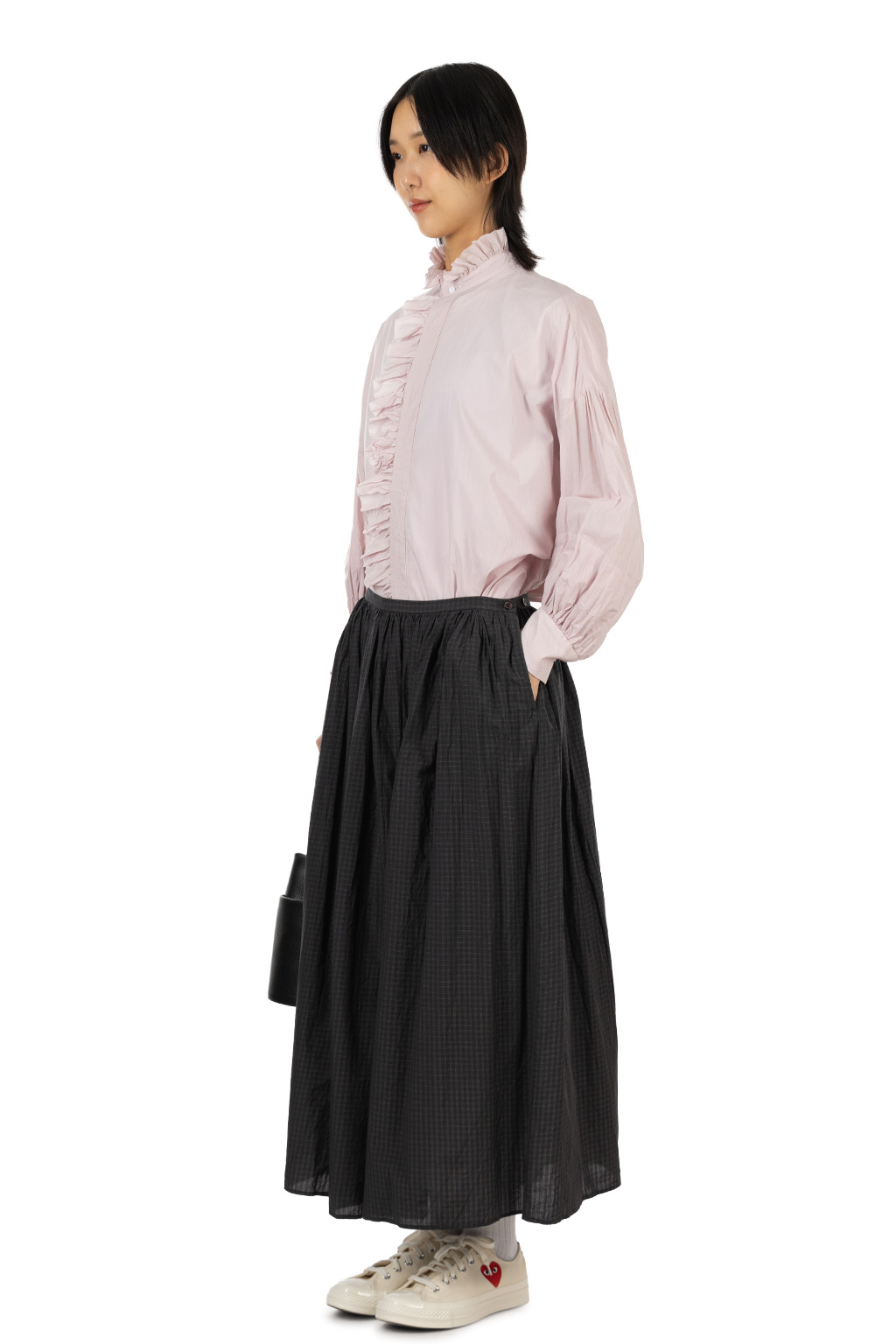 TOUJOURS - Random Pleated Maxi Skirt - Cotton Silk Plaid - Ink x Khaki