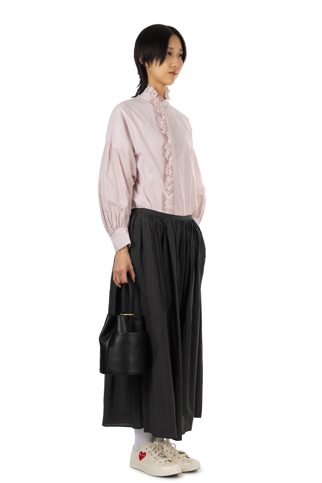 TOUJOURS - Random Pleated Maxi Skirt - Cotton Silk Plaid - Ink x Khaki