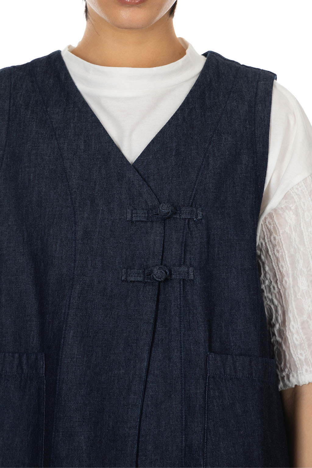 Tigre Brocante - 6oz Denim Qipao Round Vest - Indigo