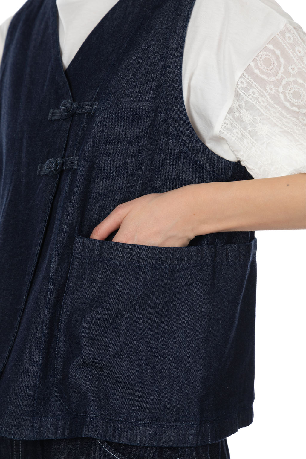 Tigre Brocante - 6oz Denim Qipao Round Vest - Indigo