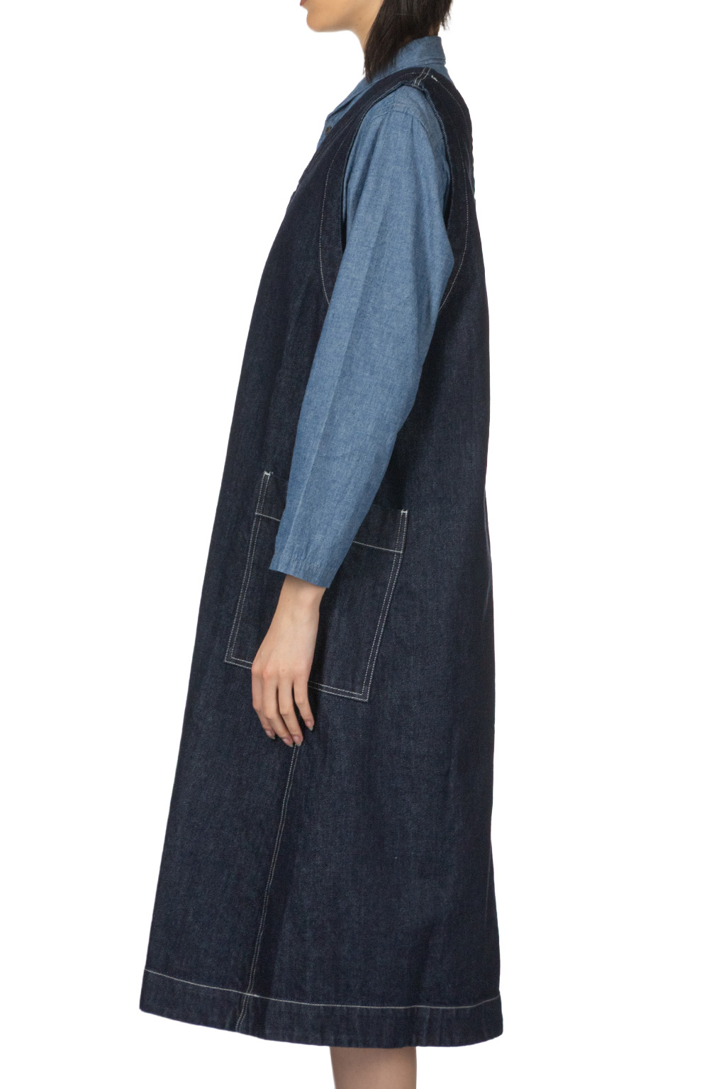 Tigre Brocante - Cotton Linen Denim V-Neck Work NS Dress - Indigo