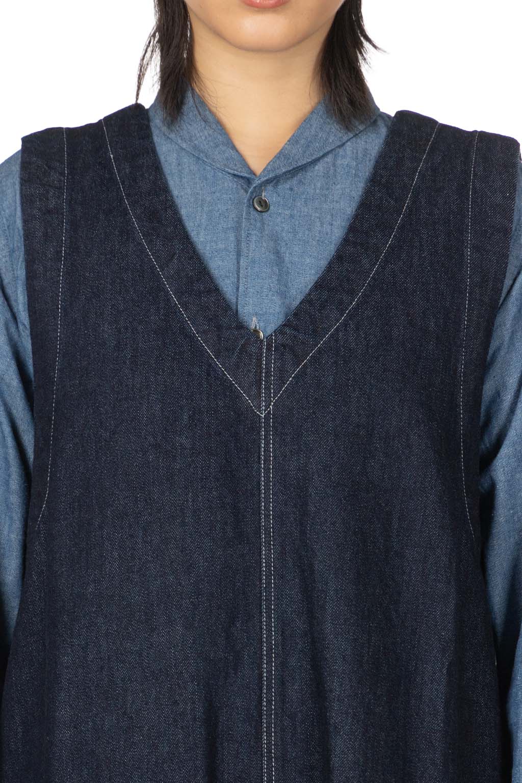 Tigre Brocante - Cotton Linen Denim V-Neck Work NS Dress - Indigo