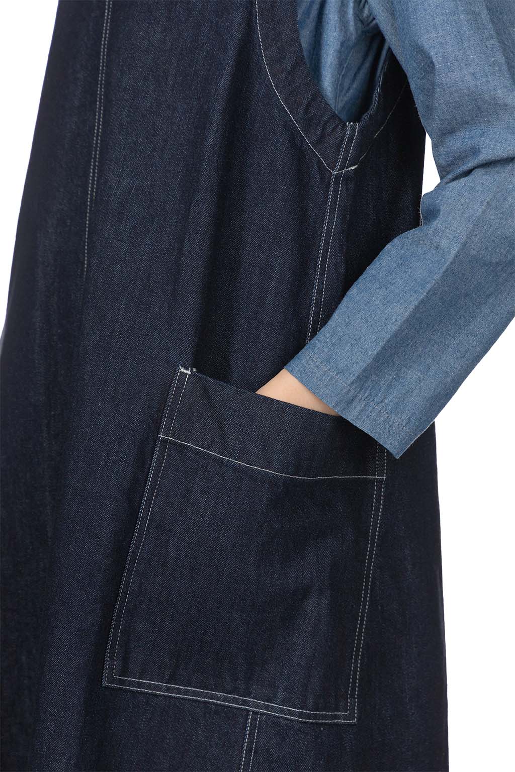 Tigre Brocante - Cotton Linen Denim V-Neck Work NS Dress - Indigo