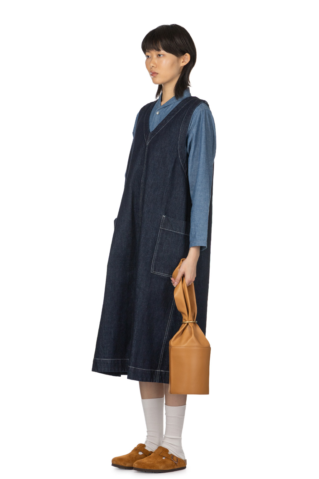 Tigre Brocante - Cotton Linen Denim V-Neck Work NS Dress - Indigo
