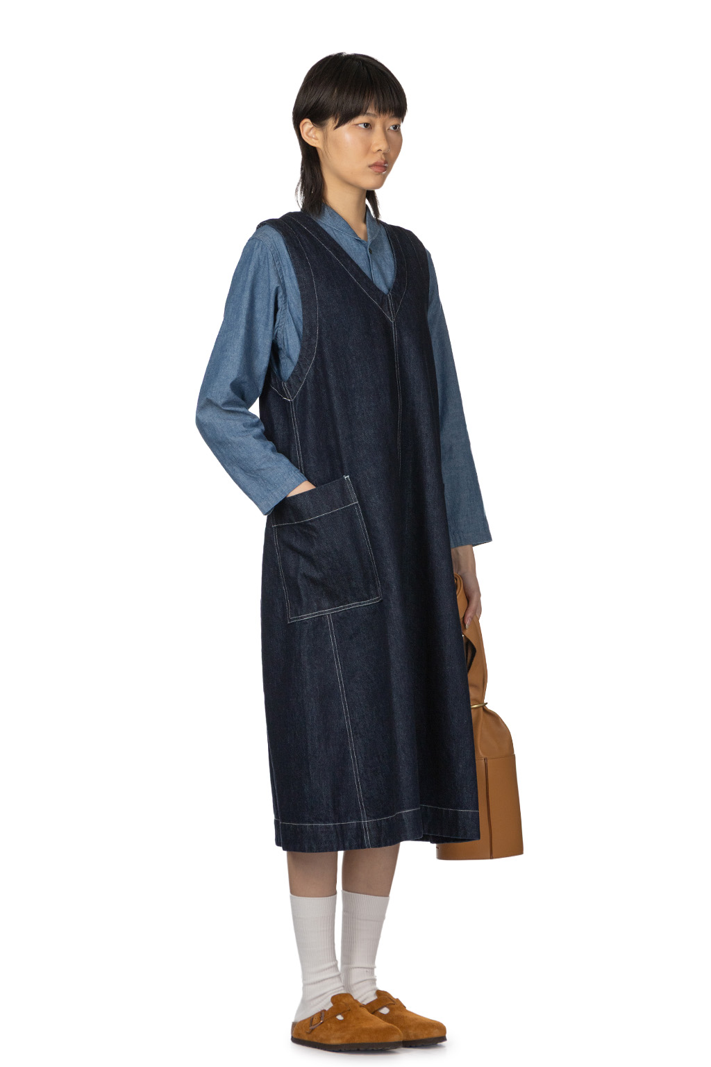 Tigre Brocante - Cotton Linen Denim V-Neck Work NS Dress - Indigo