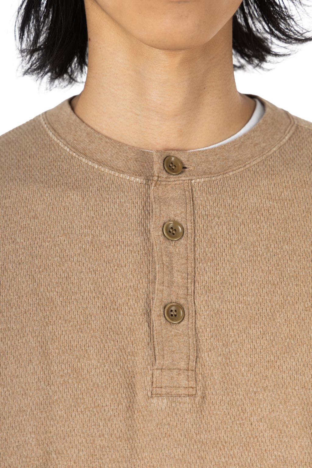 Tigre Brocante - Honeycomb Waffle 3-Seam Henley Neck L T-Shirt - Brown