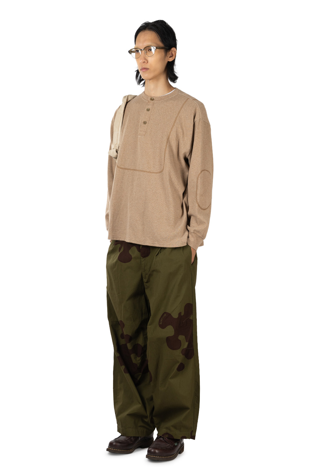Tigre Brocante - Honeycomb Waffle 3-Seam Henley Neck L T-Shirt - Brown