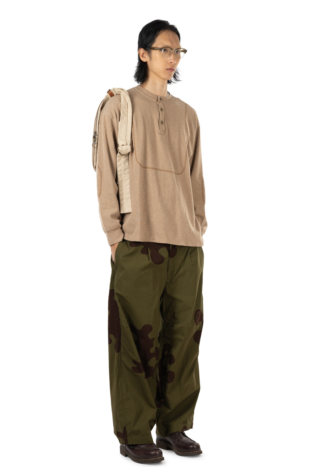Tigre Brocante - Honeycomb Waffle 3-Seam Henley Neck L T-Shirt - Brown