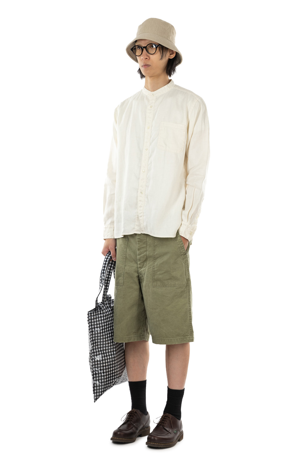 Tigre Brocante - Linen Twill Stand Collar LS Shirt - White