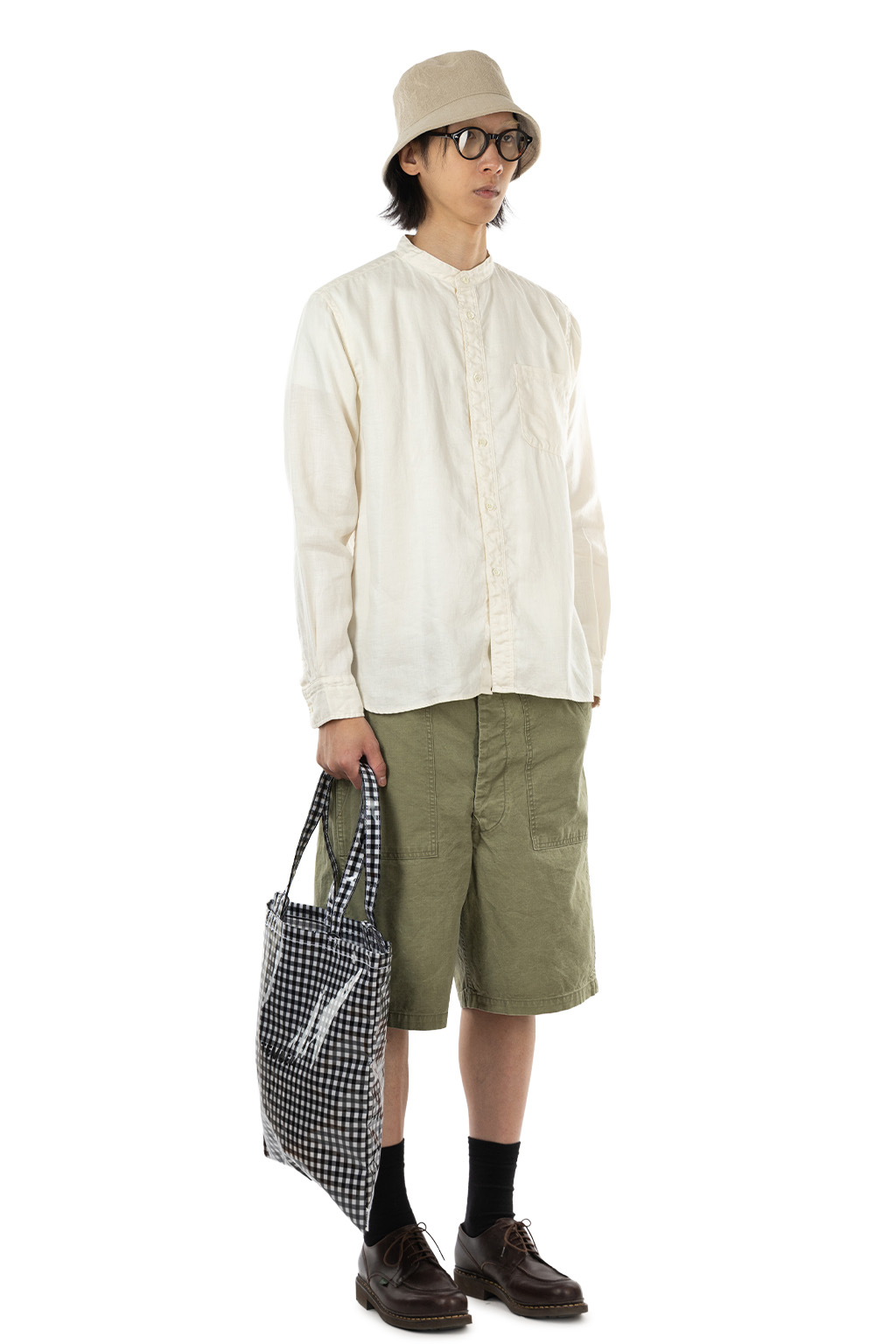 Tigre Brocante - Linen Twill Stand Collar LS Shirt - White
