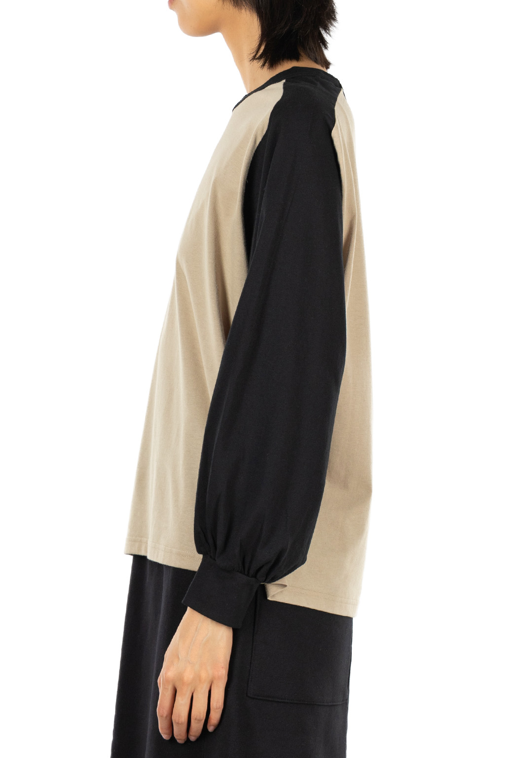 harmonie - Cotton Puff Sleeve Raglan Pullover - Beige Black